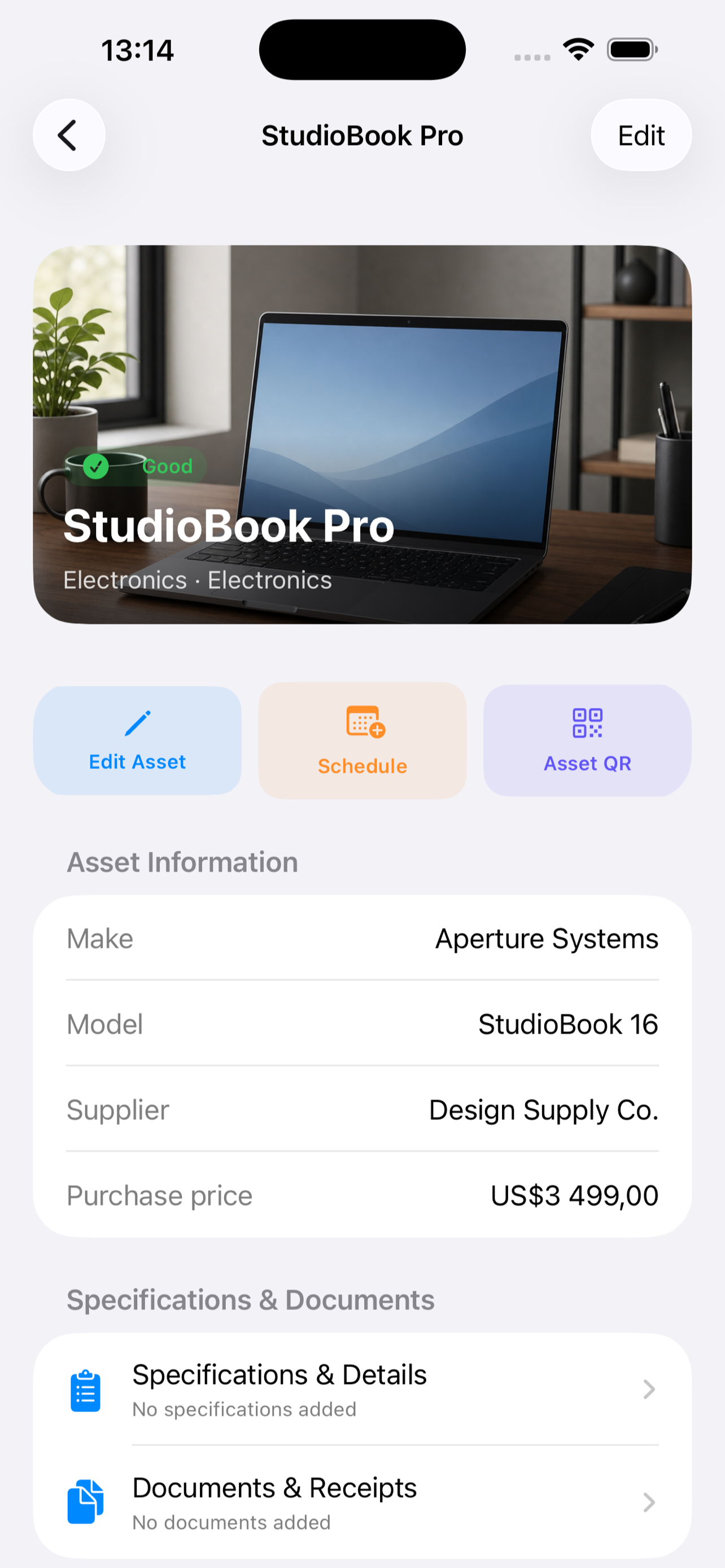 Maintain asset detail screen